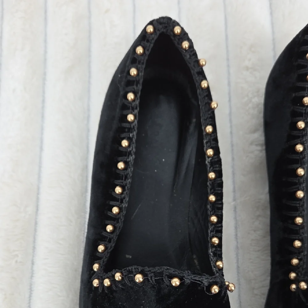 Ramon Tenza Black Velvet Slip-On Loafers with Gold Stud Accents